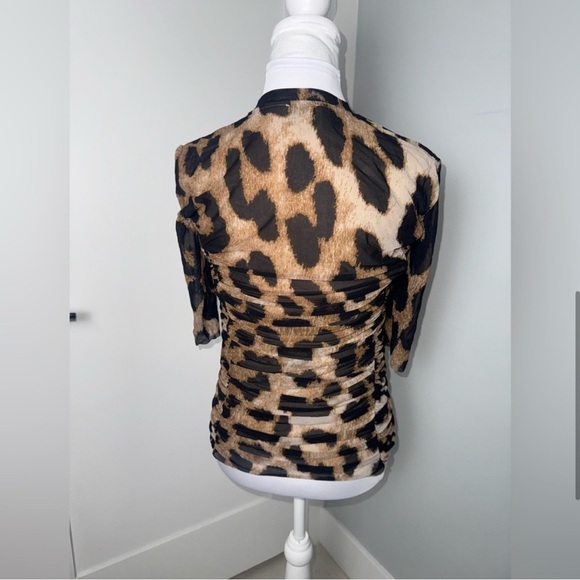 Ganni Ruched Leopard Print Stretch Mesh in Brown/Black/Medium - Picture 6 of 10